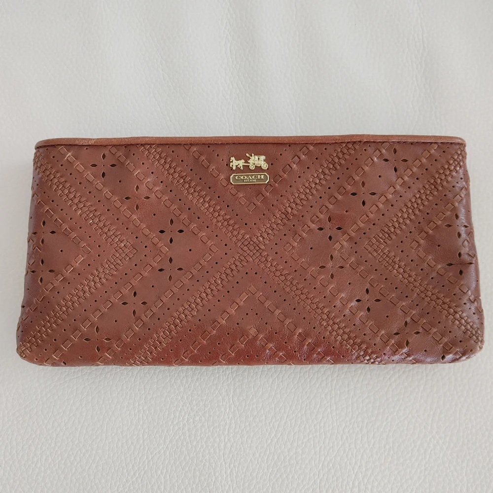 Coach Leather Wristlet with Laser Cut Detail - Rich Brown - OS - Picture 7 of 8